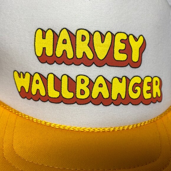 Vintage Trucker Hat Mesh Cap Snapback Yellow White Harvey WALLBANGER Print Logo - Picture 6 of 8